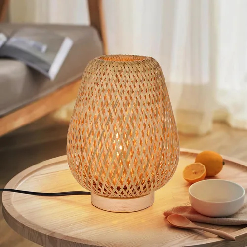 Miniatura 7 de Lámpara de mesa de tejido de bambú con base de madera natural hecha a mano, luz nocturna de noche para dormitorio, lámpara de escritorio retro, luz