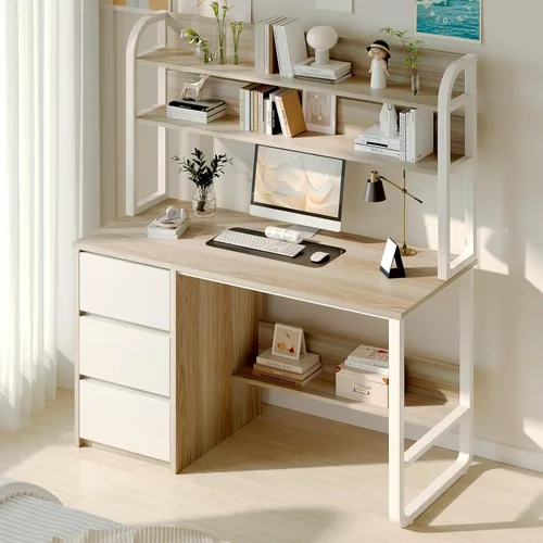 Miniatura 8 de MaverickFurni Escritorio de computadora con gabinete, escritorio pequeño de 47 pulgadas con 3 cajones para dormitorio, escritorio de estudio