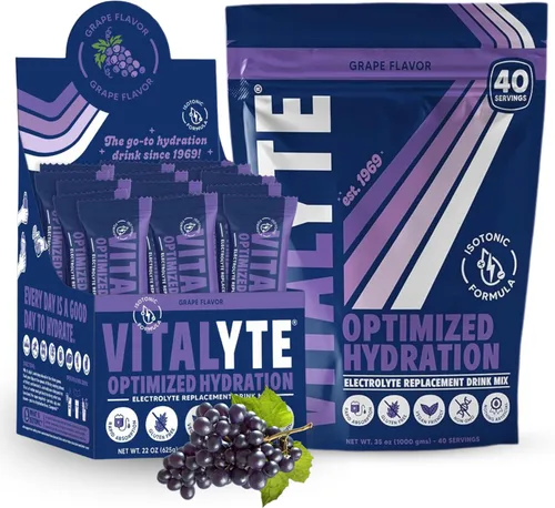 Vitalyte Mezcla de bebida en polvo de electrolitos, 1 bolsa de pie + paquete de 25 unidades, mezcla de bebida en polvo sin gluten (combino, uva)