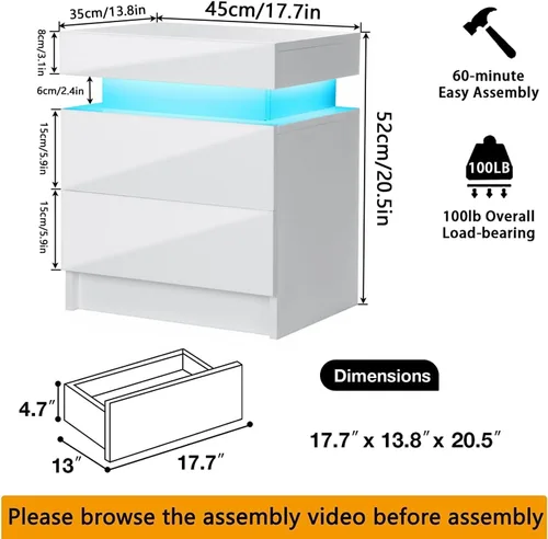 Miniatura 2 de HOMMPA Mesita de noche LED, mesita de noche blanca con luces LED, moderna mesita de noche con 2 cajones de alto brillo, mesita de noche inteligente
