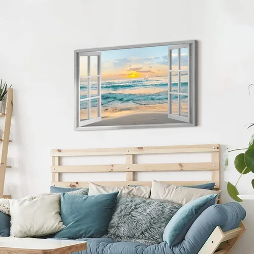 Miniatura 5 de Arte de pared con ventana abierta del océano: puesta de sol, escena de playa costera, pintada sobre lienzo, paisaje marino azul, veleros náuticos