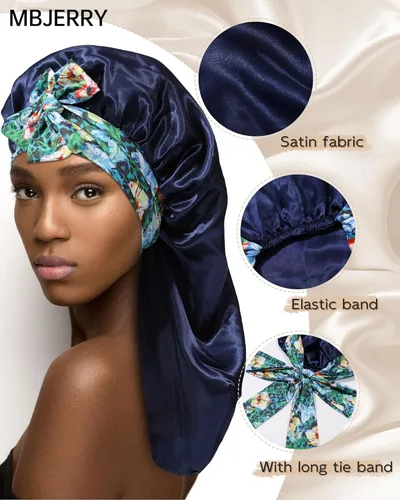 Miniatura 3 de Gorro largo de satén para trenzas, capó de seda para dormir, banda elástica para mujeres negras, cabello rizado Azul marino