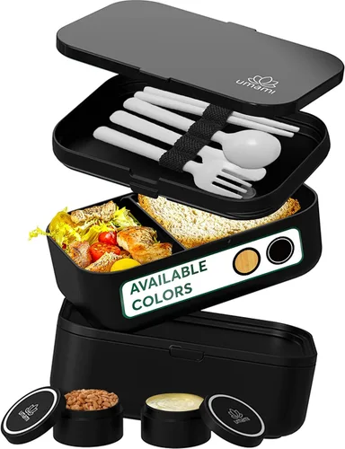 Miniatura 16 de Umami Cajas de almuerzo con 4 utensilios, tarro de salsa, Caja bento apilable que ahorra espacio para adultos, 100% a prueba de fugas, contenedores