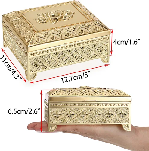 Miniatura 6 de Hipiwe Caja de joyería de metal vintage, caja de almacenamiento de baratijas, caja rectangular para cofre del tesoro, aretes, anillo, collar