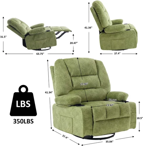 Miniatura 2 de KCQ Silla reclinable giratoria de gran tamaño con portavasos de calor para masaje, sillas reclinables de tela con relleno para guardería, mecedora
