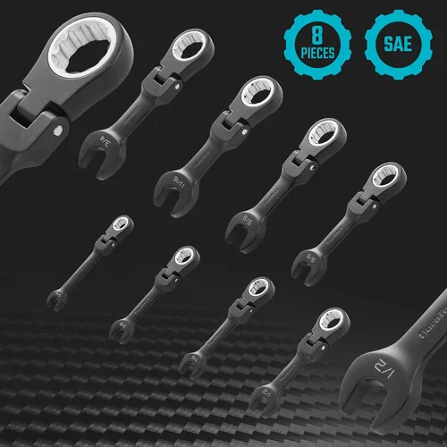 Miniatura 2 de DURATECH Stubby - Juego de llaves combinadas de trinquete de cabeza flexible, SAE, 8 piezas, 5/16" a 3/4", acero CR-V, revestimiento electroforético