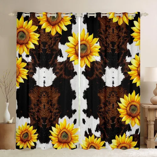 Erosebridal Cortinas de piel de vaca con girasol para cabaña de 38 x 45 pulgadas, cortinas de ventana de piel de vaca de las tierras altas, cortinas