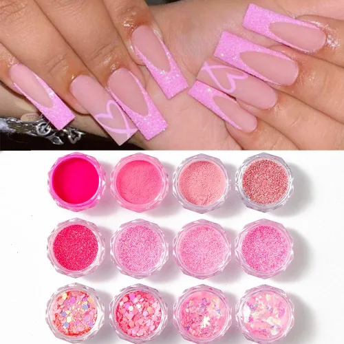 Miniatura 7 de Juego de polvos de purpurina rosa para arte de uñas, 12 frascos holográficos de lentejuelas para el día de San Valentín con cepillo, capa