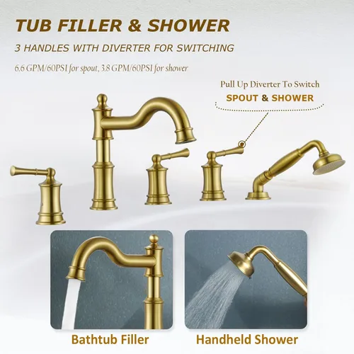 Miniatura 3 de Juego de grifería para bañera romana con ducha de mano, llenador de bañera con montaje en cubierta de 5 orificios con desviador, válvula