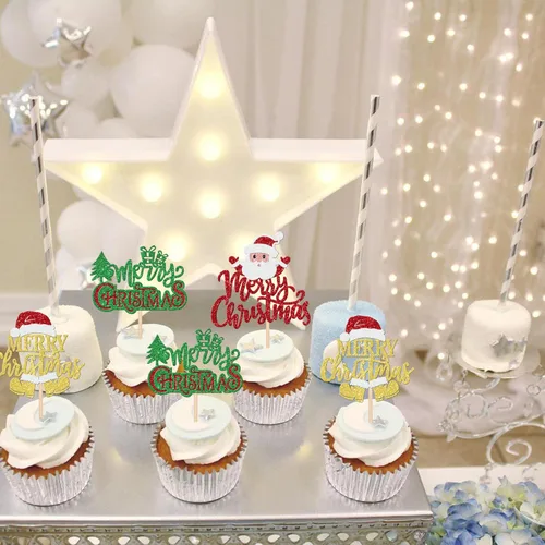 Miniatura 7 de 24 piezas de adornos para cupcakes de Navidad dorados verdes y rojos con purpurina, Papá Noel, árbol de Navidad, adornos para cupcakes para el tema