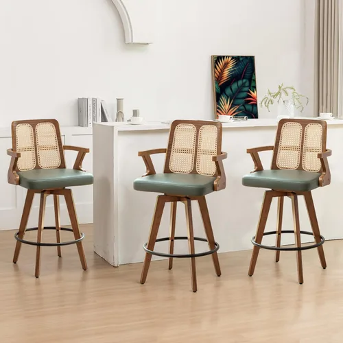 Miniatura 32 de Juego de 2 Taburetes de Mostrador - Taburetes Giratorios de 27 Pulgadas con Respaldo de Ratán, Brazos Curvos, Asiento Tapizado, Patas de Bambú Nogal
