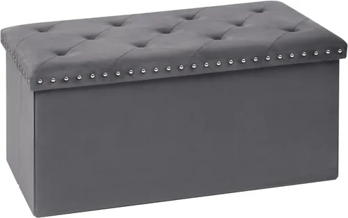 Miniatura 15 de PINPLUS Banco Otomán de Almacenamiento Plegable, Taburete Reposapiés Plegable de Terciopelo Acolchado con Remache, Banco para Pie de Cama, Baúl