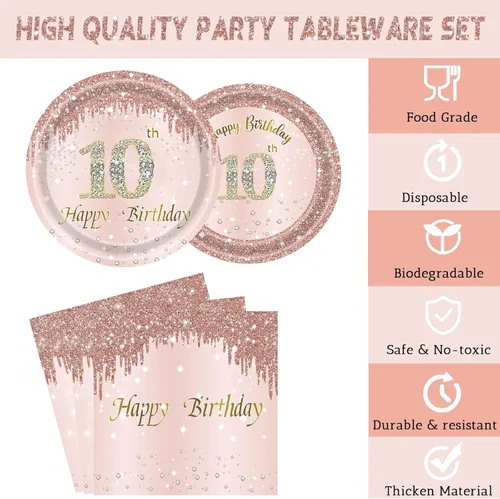Miniatura 3 de Juego de 24 platos y servilletas, tenedores, suministros de fiesta de cumpleaños para niñas de 10 años de edad, desechables, color oro rosa, 24