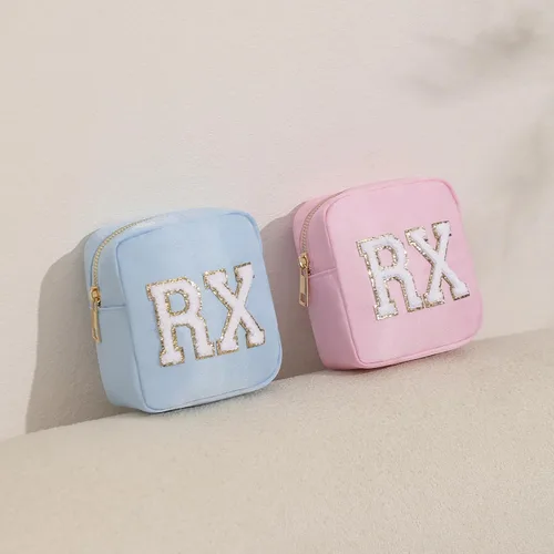 Miniatura 5 de uekeboag Bolsa Cosmética Personalizada Pequeña de Nylon, Linda Bolsa de Medicamentos con Parche de Letras de Chenilla y Cremallera, Bolsa de Viaje