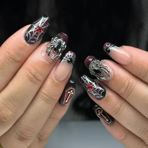Miniatura 14 de Uñas postizas a presión de Halloween, uñas postizas cuadradas cortas con diseños de gato negro, acabado degradado brillante, cobertura completa