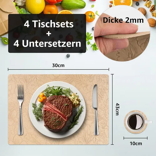 Miniatura 2 de Juego de 4 manteles individuales con 4 posavasos, diseño floral tallado, antideslizantes, resistentes al calor, lavables para cocina y mesa de Beige
