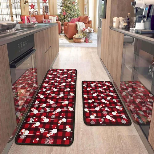 Miniatura 17 de 2 piezas de alfombras y tapetes de cocina de Navidad para el suelo con respaldo antideslizante, decoración de cocina de Navidad feliz, juego