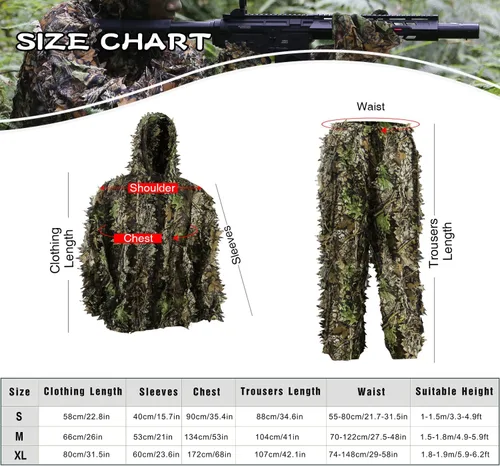 Miniatura 3 de Zicac Outdoor – Traje de camuflaje Ghillie 3D con hojas para caza al aire libre – Ropa de camuflaje para la jungla y bosque
