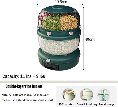 Miniatura 7 de Dispensador de cereales 20Lbs, Contenedor de almacenamiento de cocina giratorio de 360°, Dispensador de arroz y grano de doble capa, Contenedor