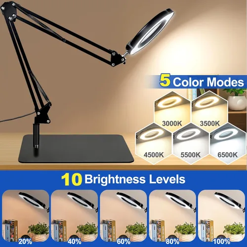 Miniatura 3 de Lupa de 15X con luz y abrazadera, lámpara de escritorio con lupa iluminada, lámpara LED con luz y abrazadera, 5 modos de color, 10 brillos