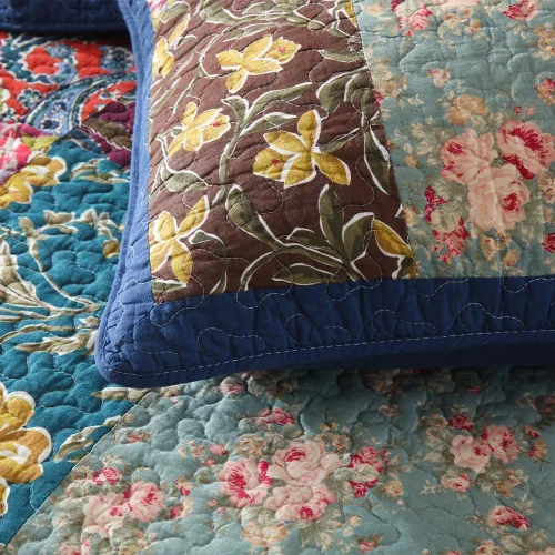 Miniatura 5 de VISIMISI - Juego de colcha de algodón, juego de cubrecama reversible de retazos, 3 piezas, diseño vintage floral de mosaico azul, tamaño queen