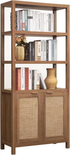 Miniatura 11 de Estantería SICOTAS de 5 niveles, estante de libros de ratán estilo bohemio de 71" de altura con puertas, estantes de almacenamiento, estanterías