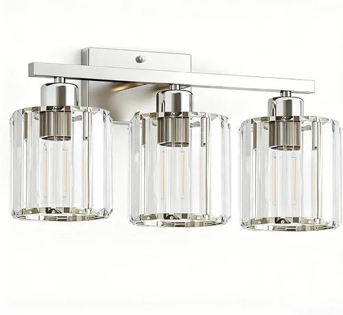 Miniatura 8 de GOLSPARK Modern Crystal Bathroom Vanity Light, Brushed Nickel Bathroom Lighting fixtures Over Mirror, 3-Light Vanity Light Fixtures, E26 Base Round