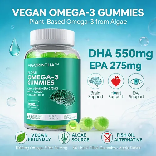 Miniatura 3 de Suplemento de aceite de algas omega-3 vegano con DHA 300 mg y EPA 150 mg, Omega-3 a base de plantas con vitamina D3 y K2, cápsulas blandas de aceite
