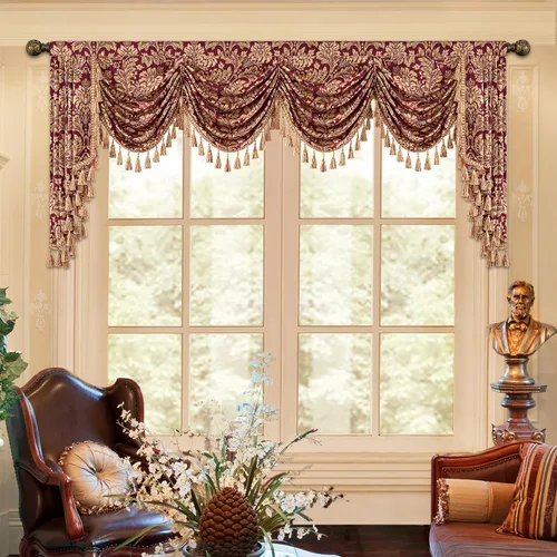 Miniatura 48 de Loom and Mill Cenefa de cascada de lujo de jacquard para sala de estar, elegantes cenefas de ventana con festones y cuentas damascadas, cortinas