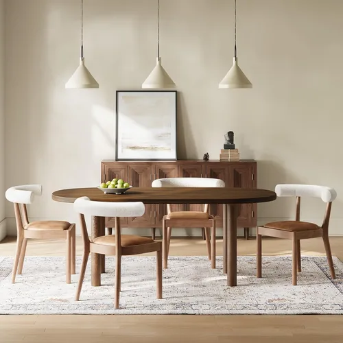 Miniatura 17 de Kmax Sillas de comedor de mediados de siglo, sillas de cocina de tela moderna con marco con acabado de nogal natural, respaldo curvado de lino, beige