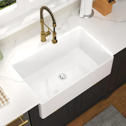 Miniatura 3 de Fregadero de 33 unidades de arcilla refractaria de 33 x 20 x 10 pulgadas, color blanco, fregadero de cocina de porcelana de cerámica, estilo casa