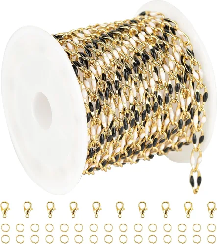Miniatura 23 de Cadena de goteo de aceite negro para hacer joyas, carrete de cadena de eslabones de cable de latón chapado en oro con anillos abiertos y cierres