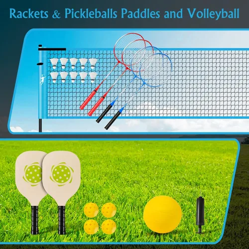 Miniatura 8 de Juego de red de bádminton de pickleball para patios traseros, juego combinado de voleibol portátil todo en uno con red ajustable, palas de voleibol