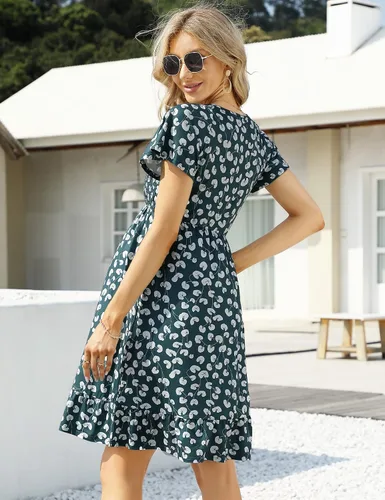 Miniatura 6 de Coolmee Vestido de maternidad de manga corta con volantes y cuello en V para mujer, vestido de verano casual fruncido fluido para baby shower