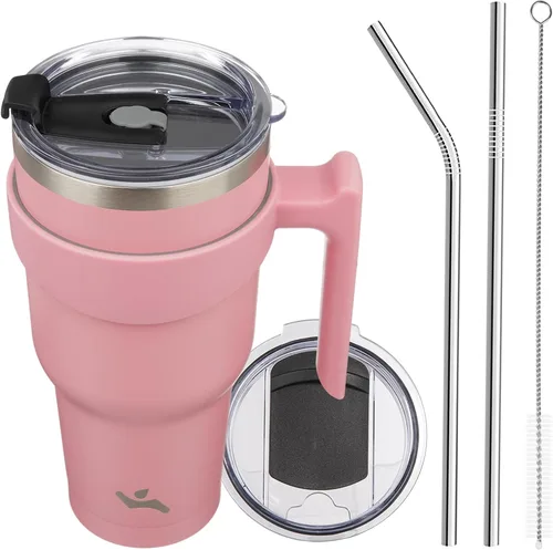 Miniatura 77 de Konokyo - Vaso de 10 onzas con asa y 2 popotes, 2 tapas, botella de agua aislada de acero inoxidable, taza de viaje reutilizable, color verde militar