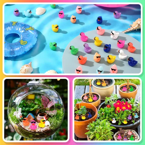 Miniatura 5 de Qunclay 250 mini patos de resina coloridos para cruceros, pequeños patos con lentes de sol, pato para ocultar bromas, casa de muñecas de bricolaje