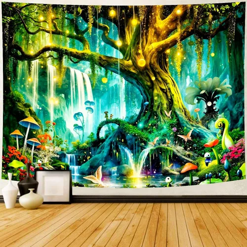 Miniatura 10 de Delur Tapiz de bosque de fantasía, río místico, encantado, de cuento de hadas, tapiz de árbol mágico de cuento de hadas, paisaje de amanecer, puesta
