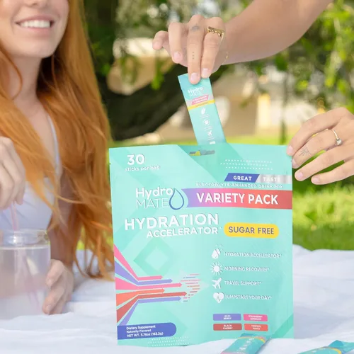 Miniatura 5 de Paquetes de electrolitos en polvo sin azúcar para hidratación HydroMATE, variedad de 16 varillas