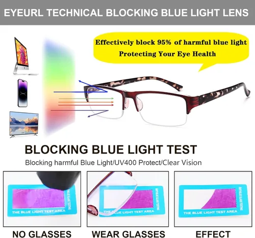 Miniatura 5 de EYEURL Paquete de 4 lentes de lectura con luz azul de medio marco para hombres, lectores rectangulares sin montura para mujeres, lentes de bisagra