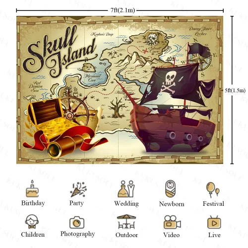 Miniatura 2 de KUBZT537 - Telón de fondo de fiesta pirata de 7 x 5 pies, fondo de mapa del tesoro pirata, suministros de cumpleaños para niños, decoración de baby