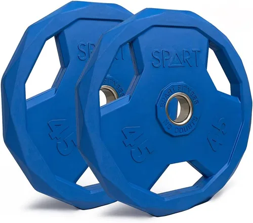 Miniatura 10 de SPART Placa de peso con código de color de 2 pulgadas, placa de agarre olímpico con revestimiento de goma para barra, placas de peso de hierro Juego