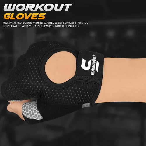 Miniatura 7 de SAWANS Guantes de entrenamiento para hombres y mujeres, guantes para levantamiento de pesas, guantes de gimnasio, fitness, ejercicio, ciclismo, Negro