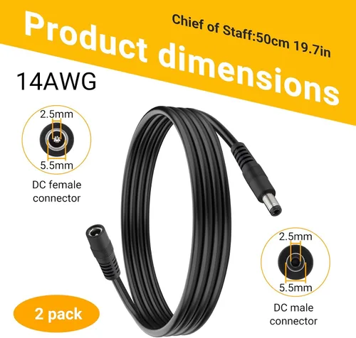Miniatura 2 de CENSHI Paquete de 2 cables de extensión CC de 1.65 pies de 0.217 in x 0.098 in, macho a hembra, cable de alimentación de 14 AWG 12 V/24 V/36 V CC