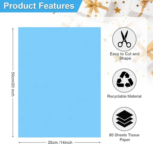 Miniatura 3 de Papel de seda azul claro, 80 hojas de papel de seda azul claro para envolver a granel de 14 x 20 pulgadas, papel de seda azul para bolsa de regalo