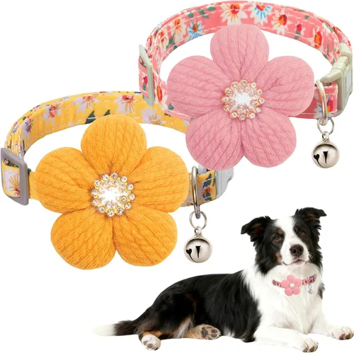 Miniatura 13 de Collar para perro mediano con flor, collares de perro para perros medianos Collar para niña Collar de perro lindo con campana, longitud ajustable