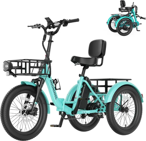 Miniatura 15 de MOONCOOL Triciclo eléctrico para adultos, marco de aluminio de neumático grueso de 1000 W, 4 pulgadas, batería de 48 V y 14.5 Ah, frenos de disco