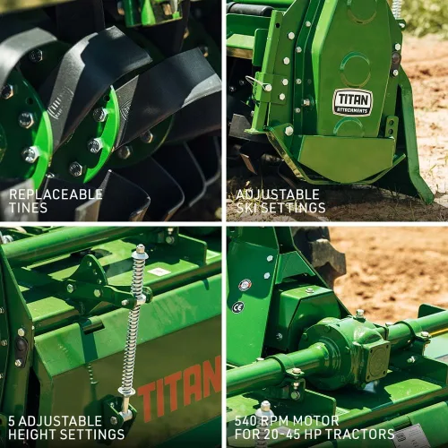 Miniatura 4 de Titan Attachments enganche de 3 puntos, accesorio de cultivador rotativo de 48" para tractores Cat 1, acabado en carbón, cultivador impulsado por