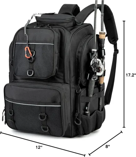 Miniatura 8 de WANOON - Mochila para pesca, bolsa de pesca con soportes para cañas. Mochila de aparejos grande con materiales resistentes Negro