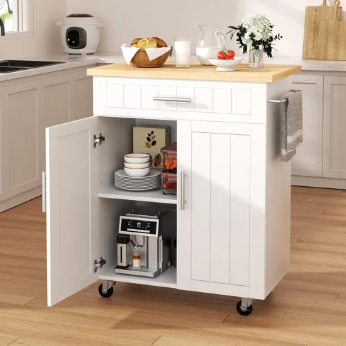 Miniatura 17 de Shintenchi Carrito de isla de cocina con almacenamiento, armario de bar portátil sobre ruedas, mesa auxiliar de carrito de microondas con estación
