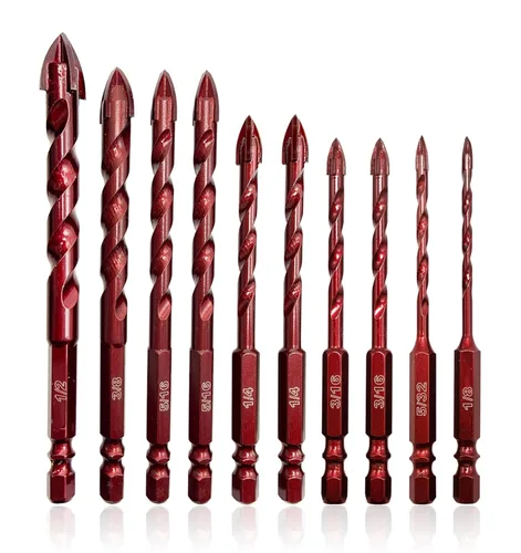 FEWELL Brocas de mampostería 10 piezas, juego de brocas para hormigón, tamaño de 1/8 a 1/2 pulgadas, juego profesional de brocas de alto cobalto